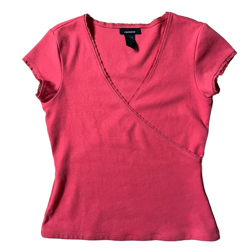 Women's Express Short Cap Sleeve Wrap Look T Shirt Size M Medium Stretchy Orange